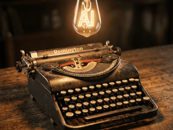 Typewriter with an idea light bulb